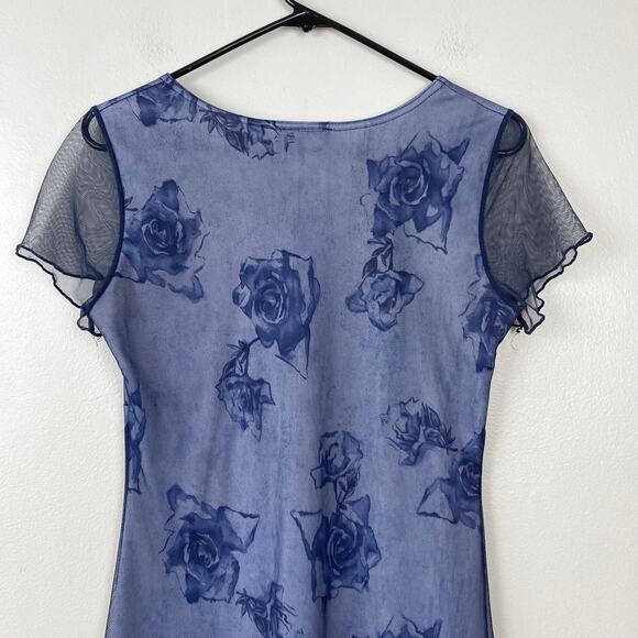Ultra Flirt Y2K Vintage Empire Waist Mesh Floral Dress Lettuce Hem Navy Medium - Picture 8 of 8